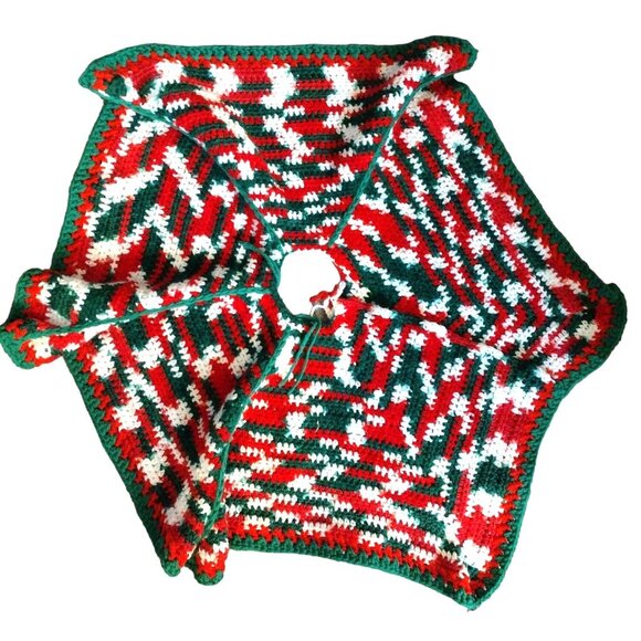 Handmade Christmas Tree Skirt Medium Table Cover Set Crochet Vintage Holiday - Picture 2 of 13